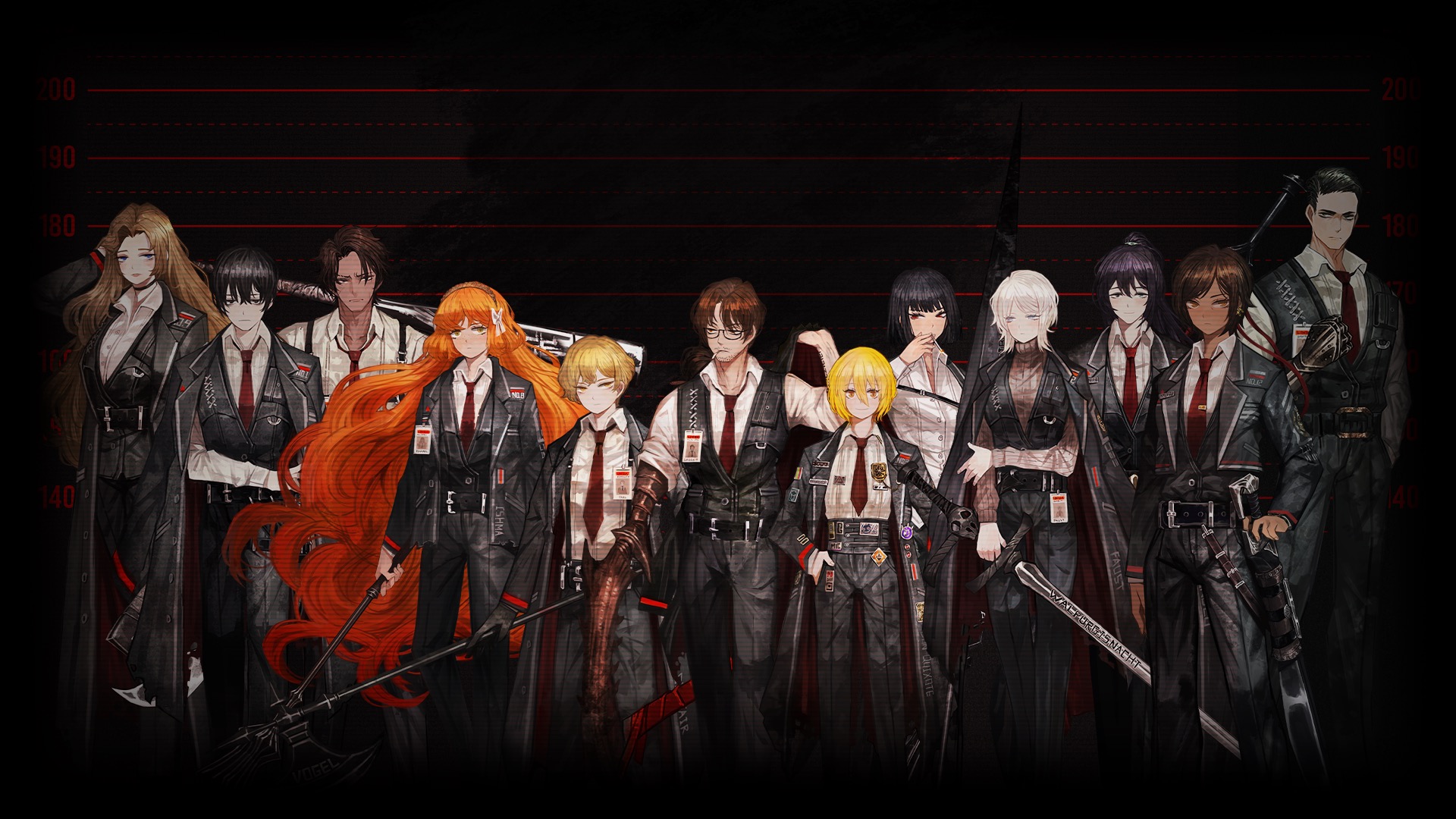 The twelve Sinners of Limbus Company standing in a lineup against a dark background