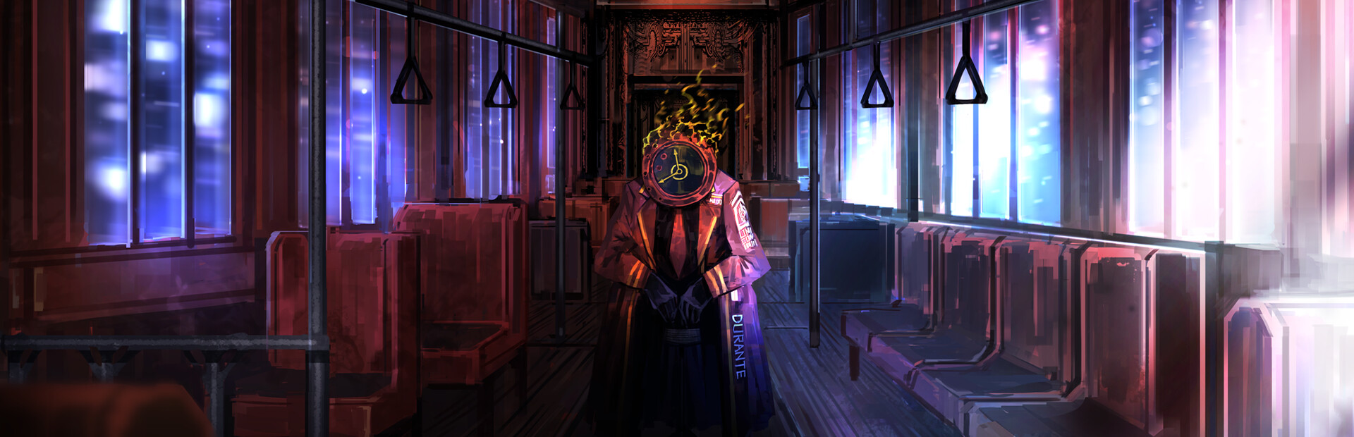 Dante, manager of the twelve Sinners, standing inside the Mephistopheles bus